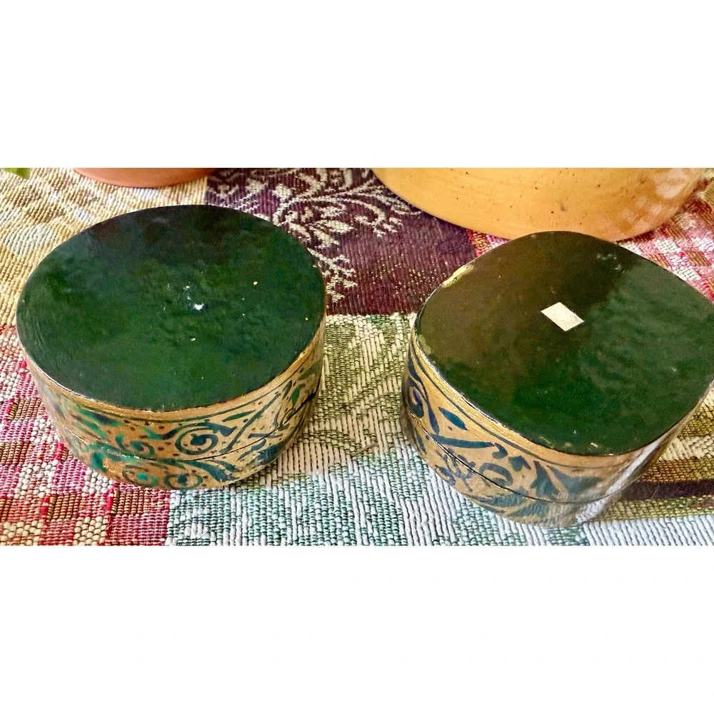 Vintage Hand-Painted Paper Mache Trinket Boxes: Gold Green Floral Scroll